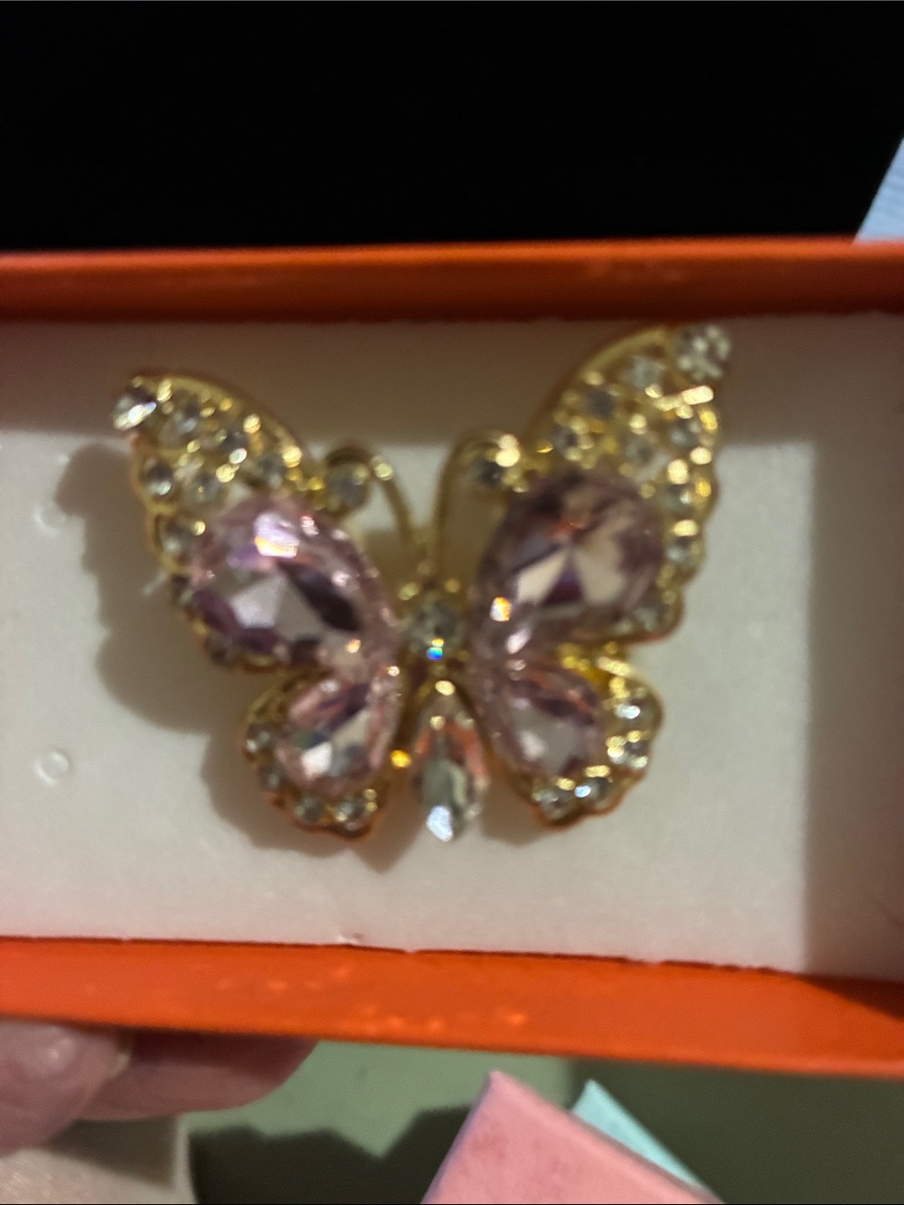 Gold Butterfly Crystal Brooch - Pink Crystals